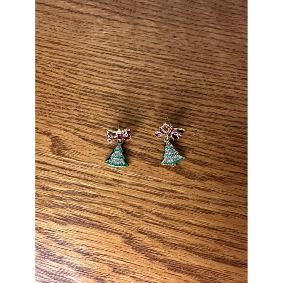 Bow & Christmas Tree Drop Earrings Gold Tone vintage - Picture 1 of 2